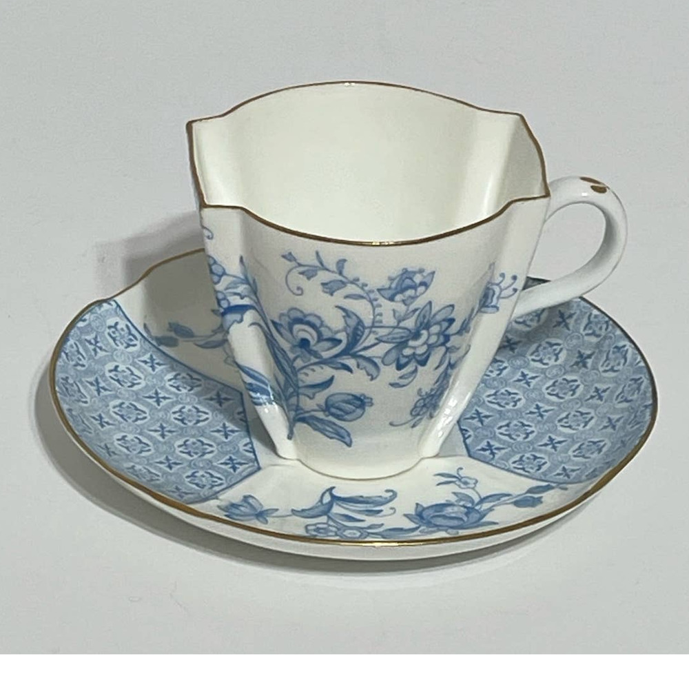Antique China Brownfield & Son Teacup and Saucer-Blue Floral with Gold Trim